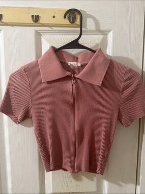 Heart Hips Ribbed Zip-Front Polo Crop Top - Dusty Rose Pink